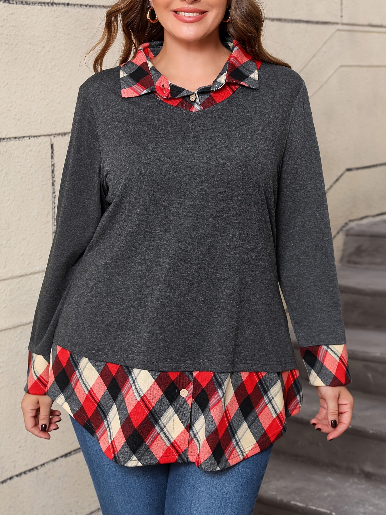 Plus Size Women's Plaid Patchwork Long Sleeve Top Faux Two-Piece Red Black Beige