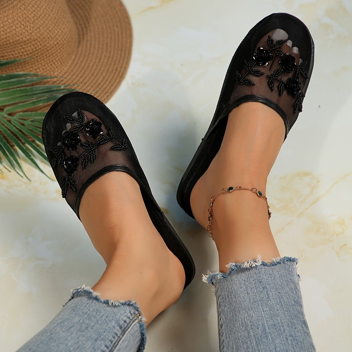 Women's Black Beaded Flower Slippers Lightweight EVA Sole Indoor Outdoor Shoes