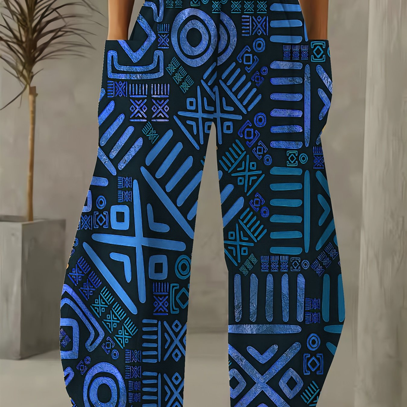 Women Wide Leg Pants Stretchy Polyester Vibrant Geometric Print