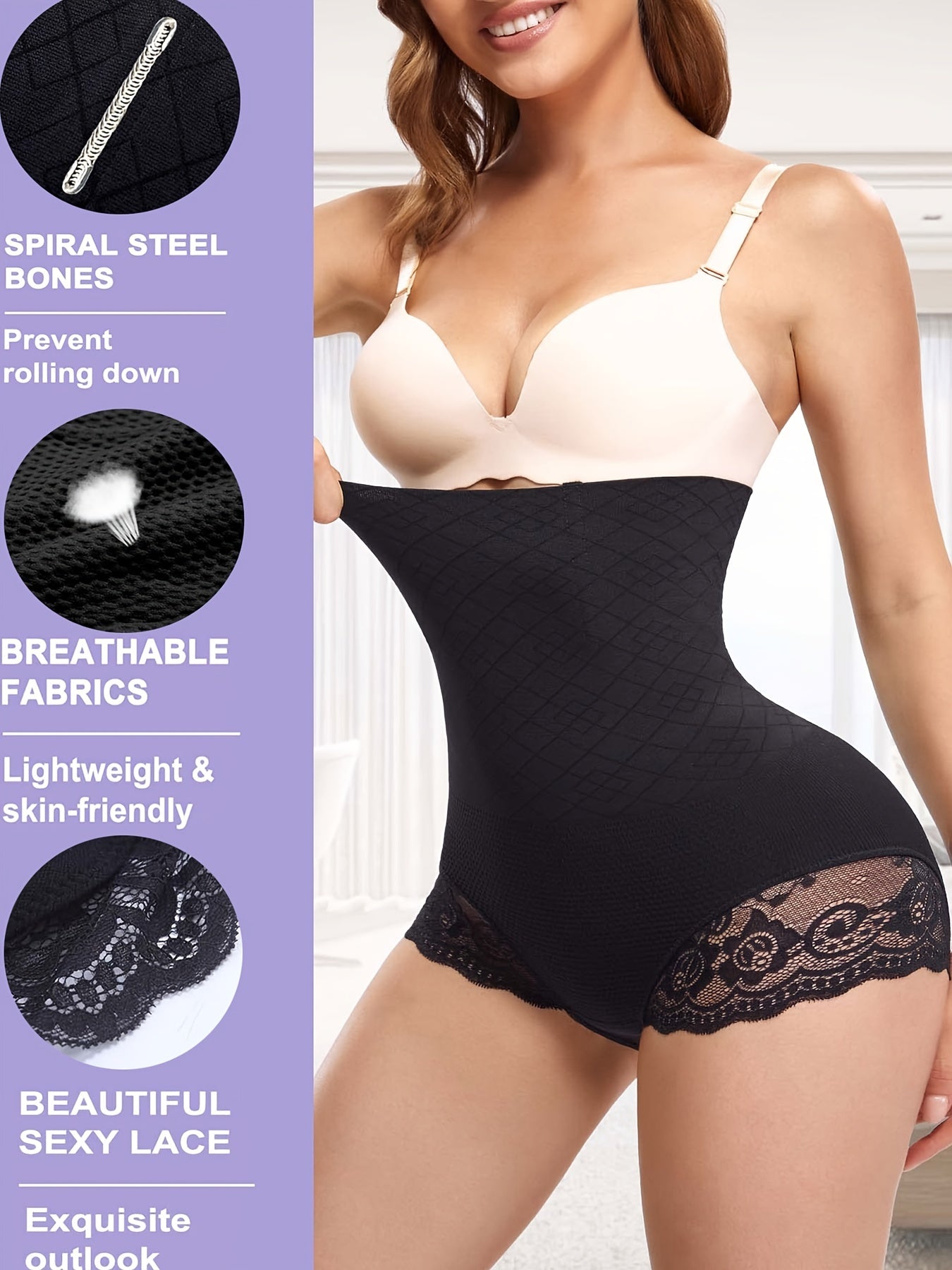 Women’s High Waist Tummy Control Lace Shaping Panties Solid Color