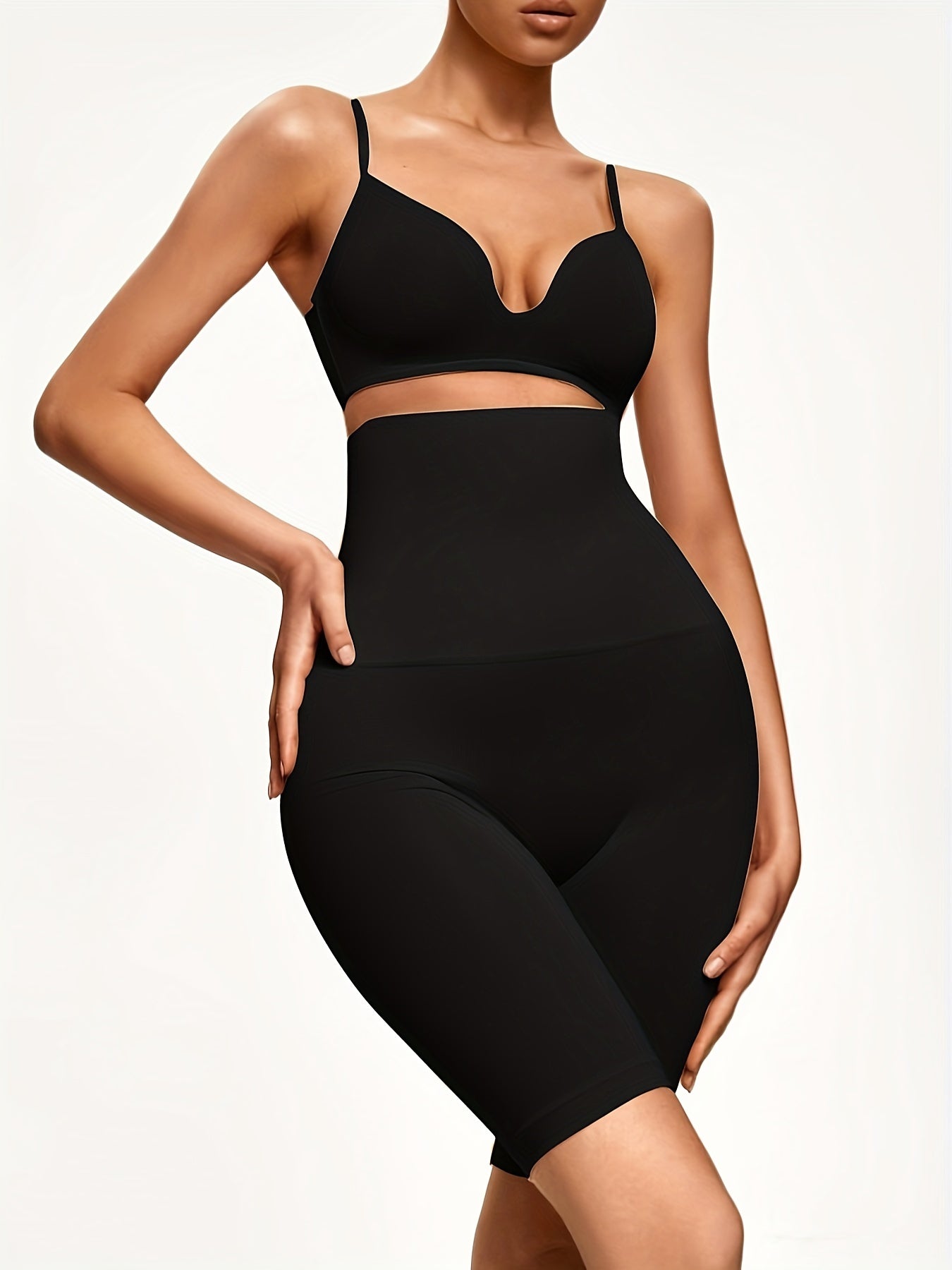 Pantalones cortos de control de abdomen de cintura alta para mujer, color sólido, tela de punto