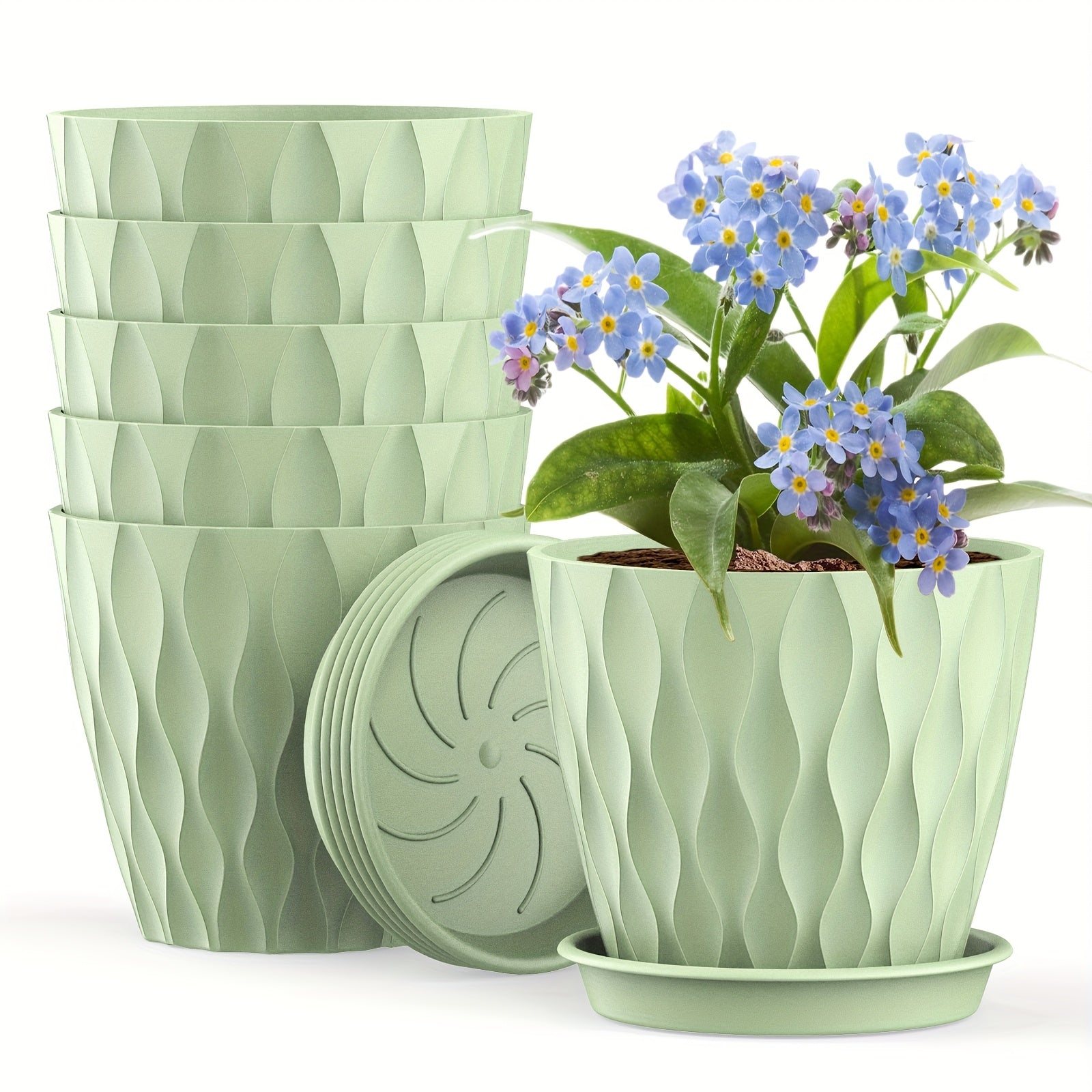 Set of 6 Plastic Round Planters with Drainage Holes for Indoor Outdoor Succulents Herbs Flowers