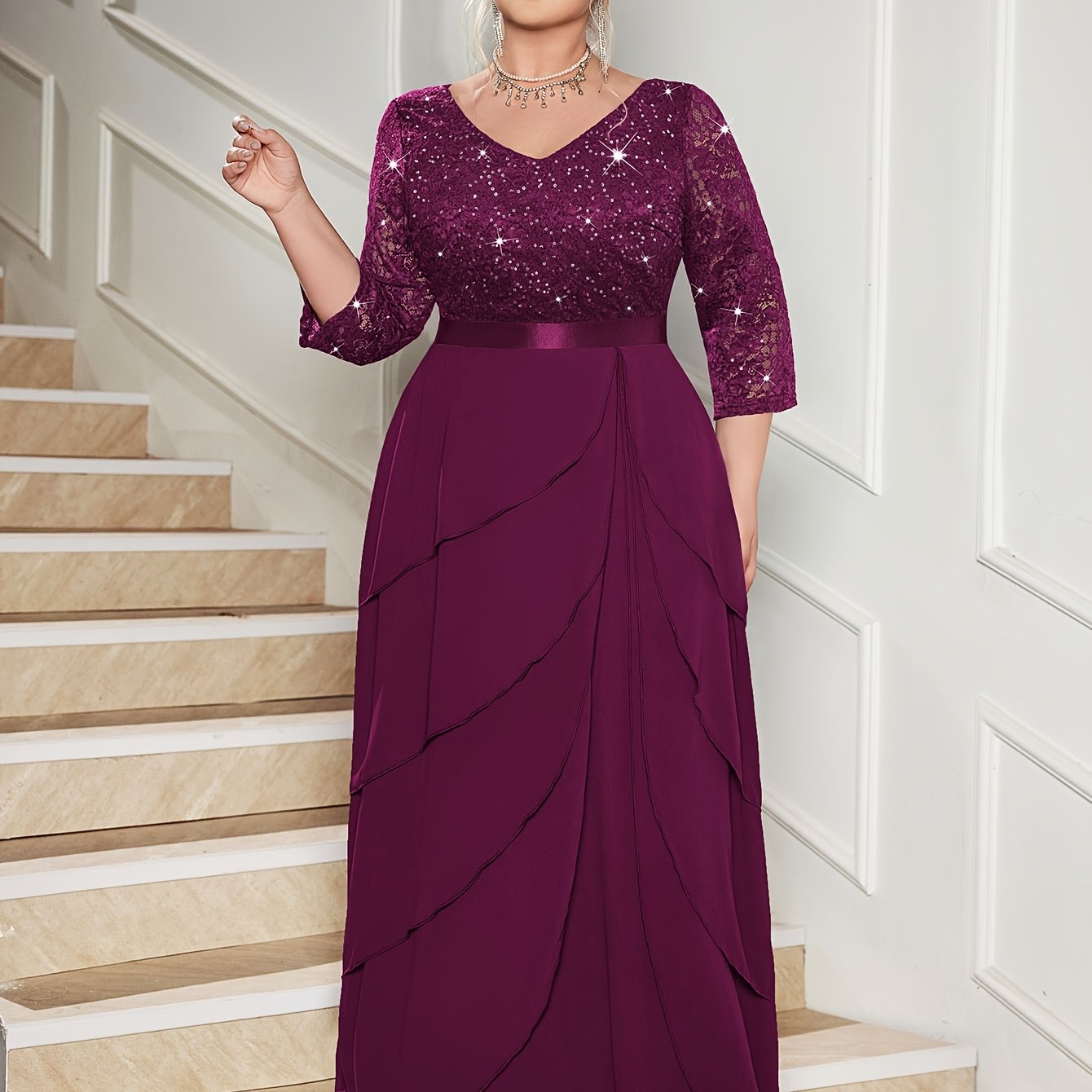 Plus Size Women's Sequin Lace V-Neck Maxi Dress Formal Evening Gown