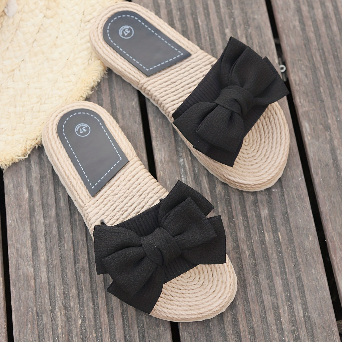 Women's Black Bow Beach Sandals - Breathable Flat Shoes with EVA Sole