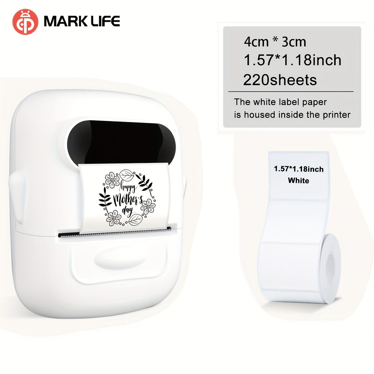 Makrlife P50 Termal Etiket Yozuvchisi, Barcode, QR Kodu, Zargarlik va Chakana Kiyim Teglari uchun Portativ Simsiz Printer; Android va iOS bilan mos keladi; 1 Rulon 40*30mm Oq Stickerni o'z ichiga oladi.