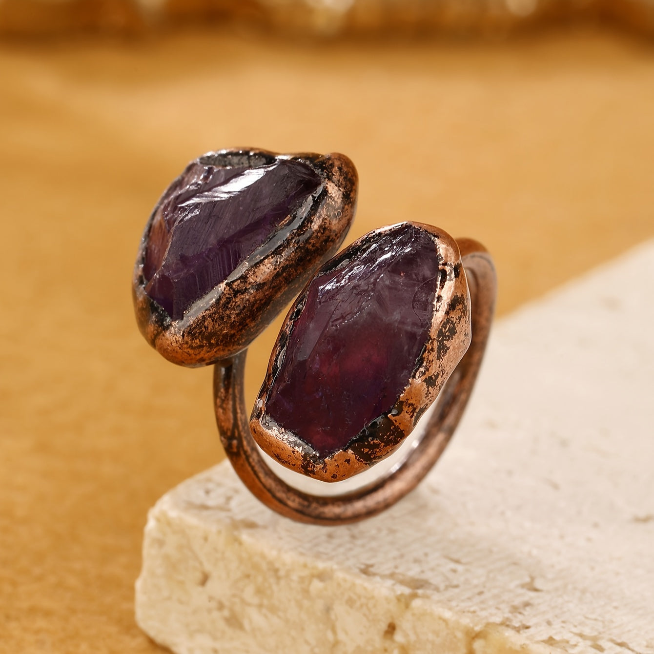 Boho-Chic sozlanadigan uzuk Amethyst, Yashil Fluorit, Tourmaline va Agat tabiiy toshlar bilan