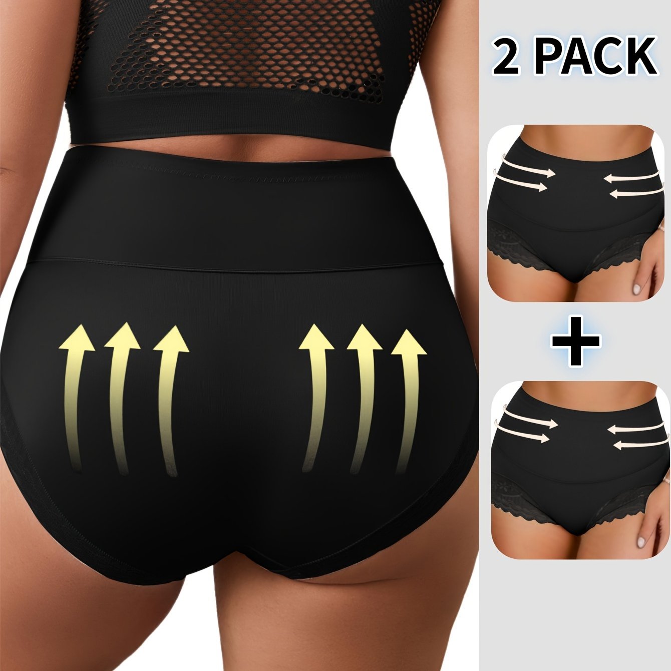 Plus Size High Waist Tummy Control Panties 2-Pack Breathable Lace Underwear