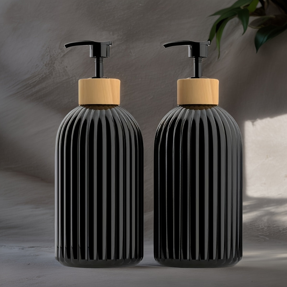 Set of Two 17oz Black Bamboo Pump Soap Dispensers for Kitchen and Bathroom