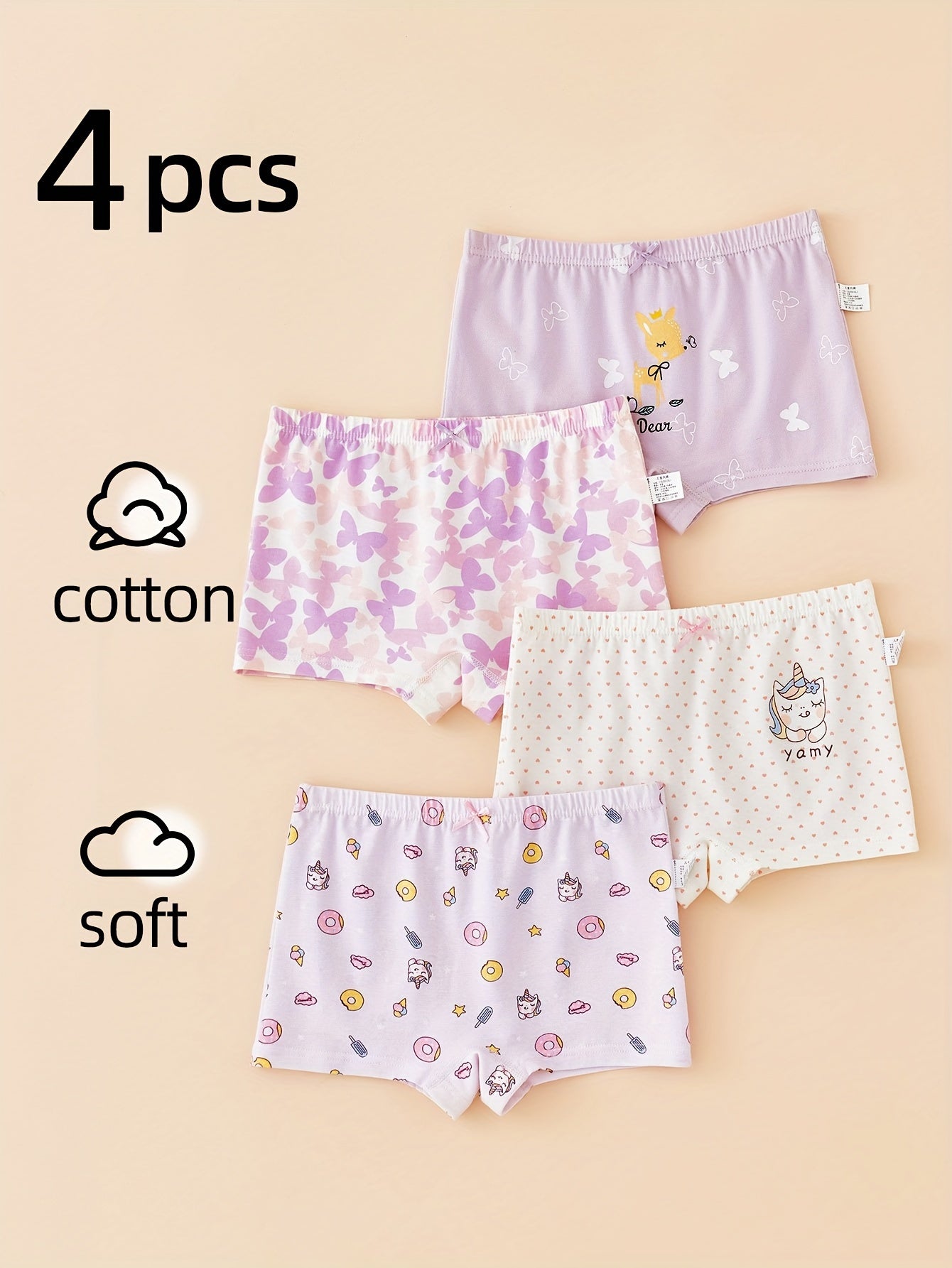 Girls Cotton Blend Boxer Briefs with Cartoon Deer Print Breathable Comfortable All-Season