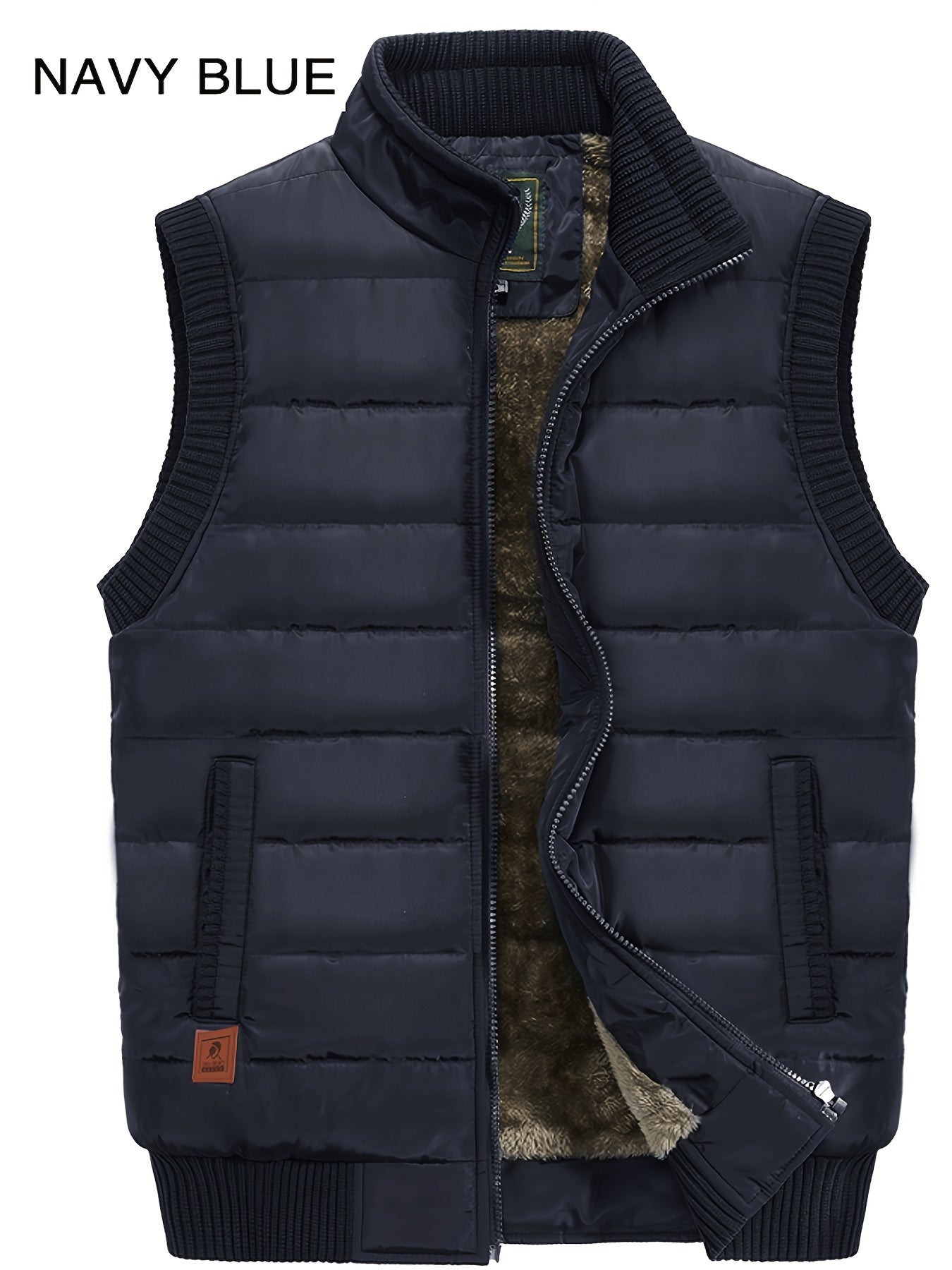 Men's Winter Vest Olive Green Zipper Fleece-Lined Casual Sleeveless Outerwear