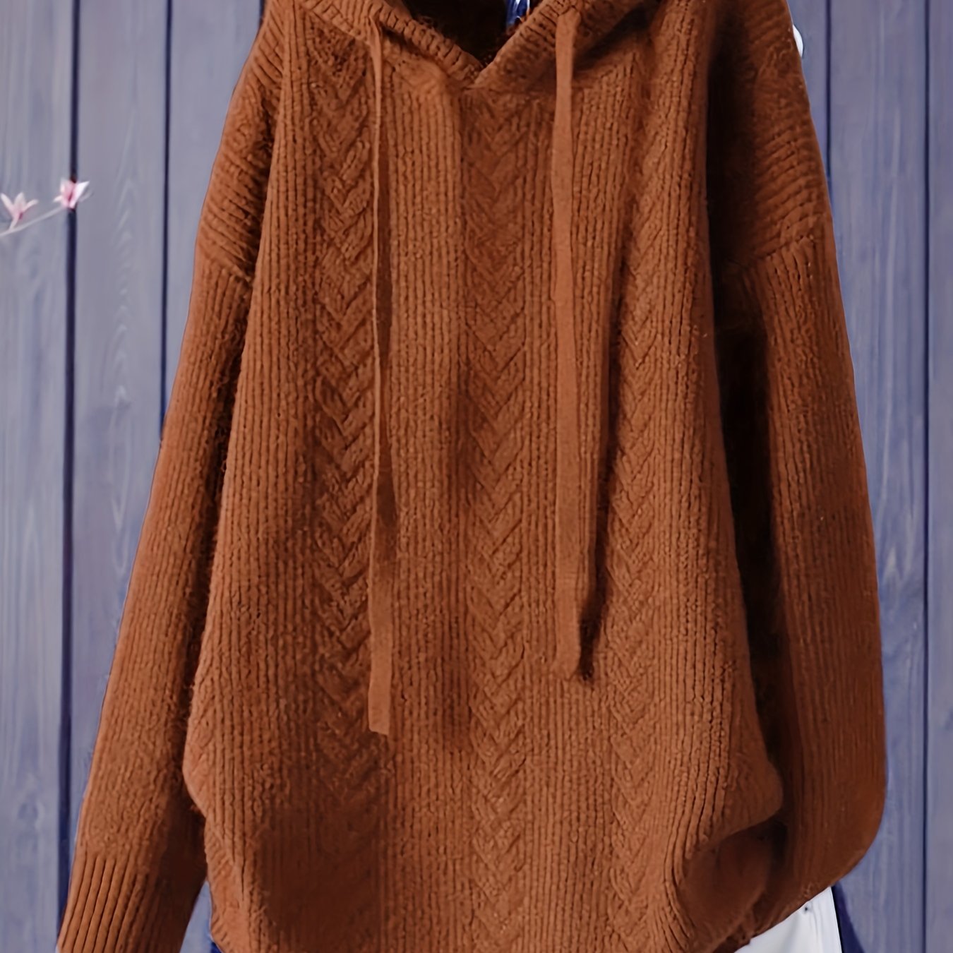 Women's Navy Blue Hooded Sweater with Drawstring and Ribbed Texture