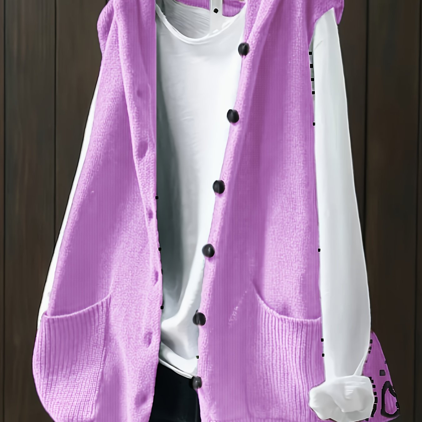 Women Knitted Sleeveless Vest with Double Pockets and Button Closure