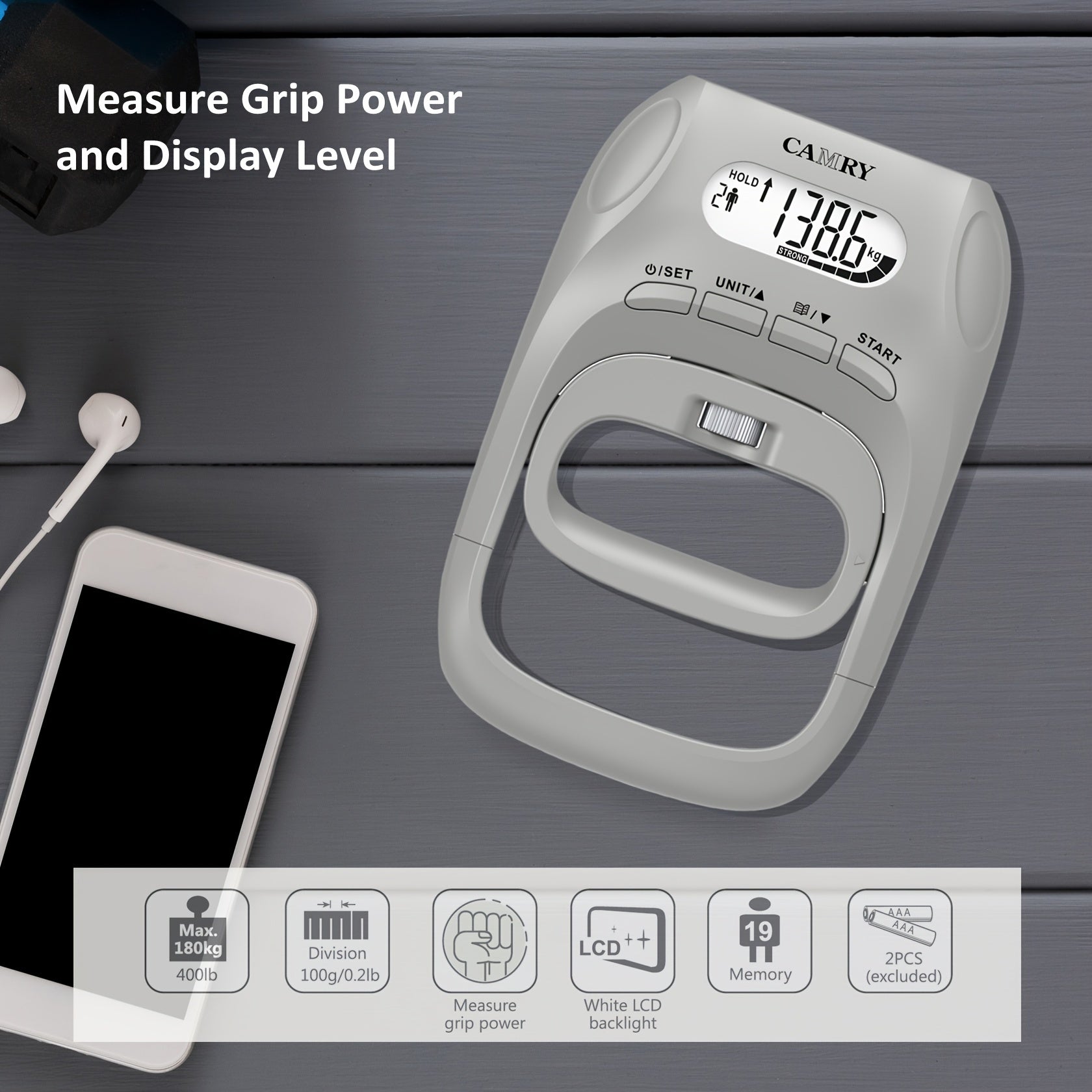 Digital Hand Dynamometer Grip Strength Meter LCD Display No Battery Needed