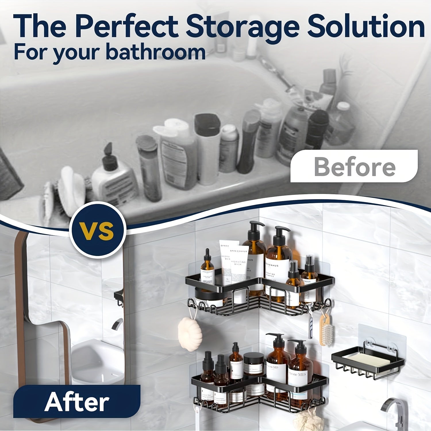 Corner Adhesive Shower Caddy with Soap Holder and Hooks Black Rustproof Stainless Steel Bathroom Organizer