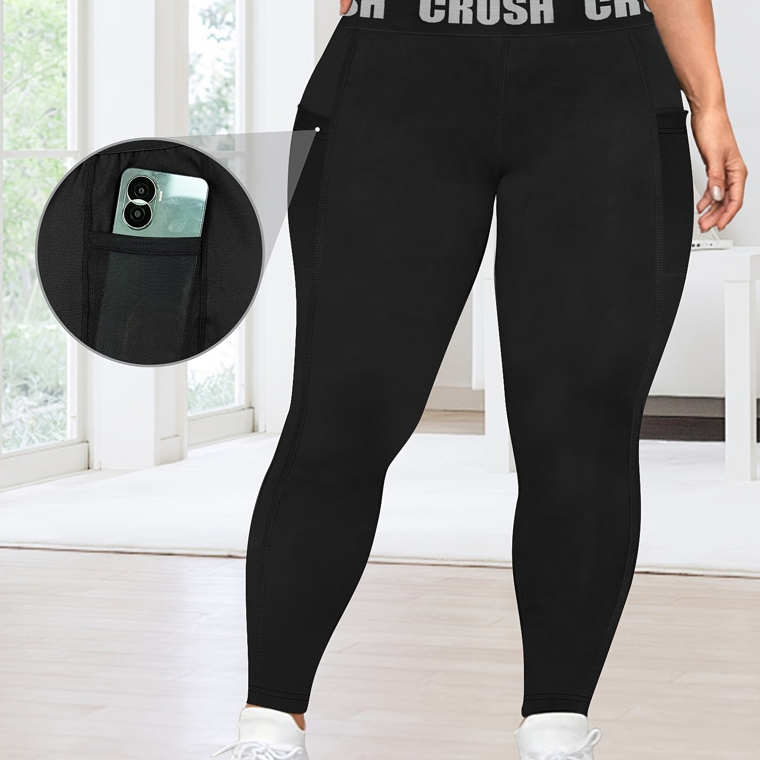Women's High-Waist Cropped Leggings with "CRUSH" Print Breathable White