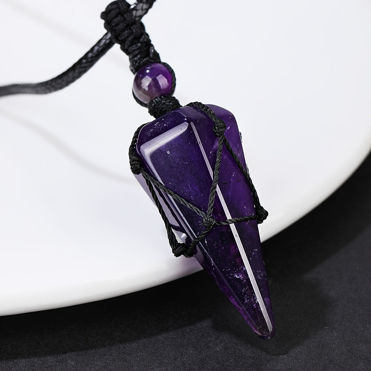 Men's Hexagonal Cone Pendant Necklace with Braided Rope and Amethyst Crystal