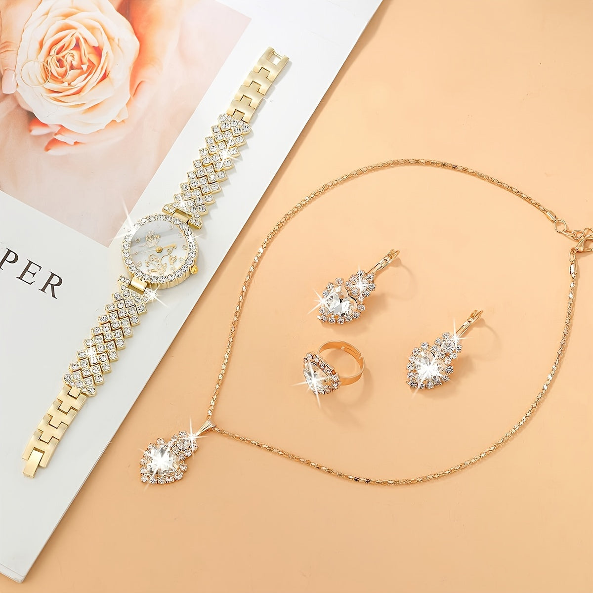 Women's Watch and Jewelry Set with Quartz Movement Alloy Band Crystal Accents Gift for Mom