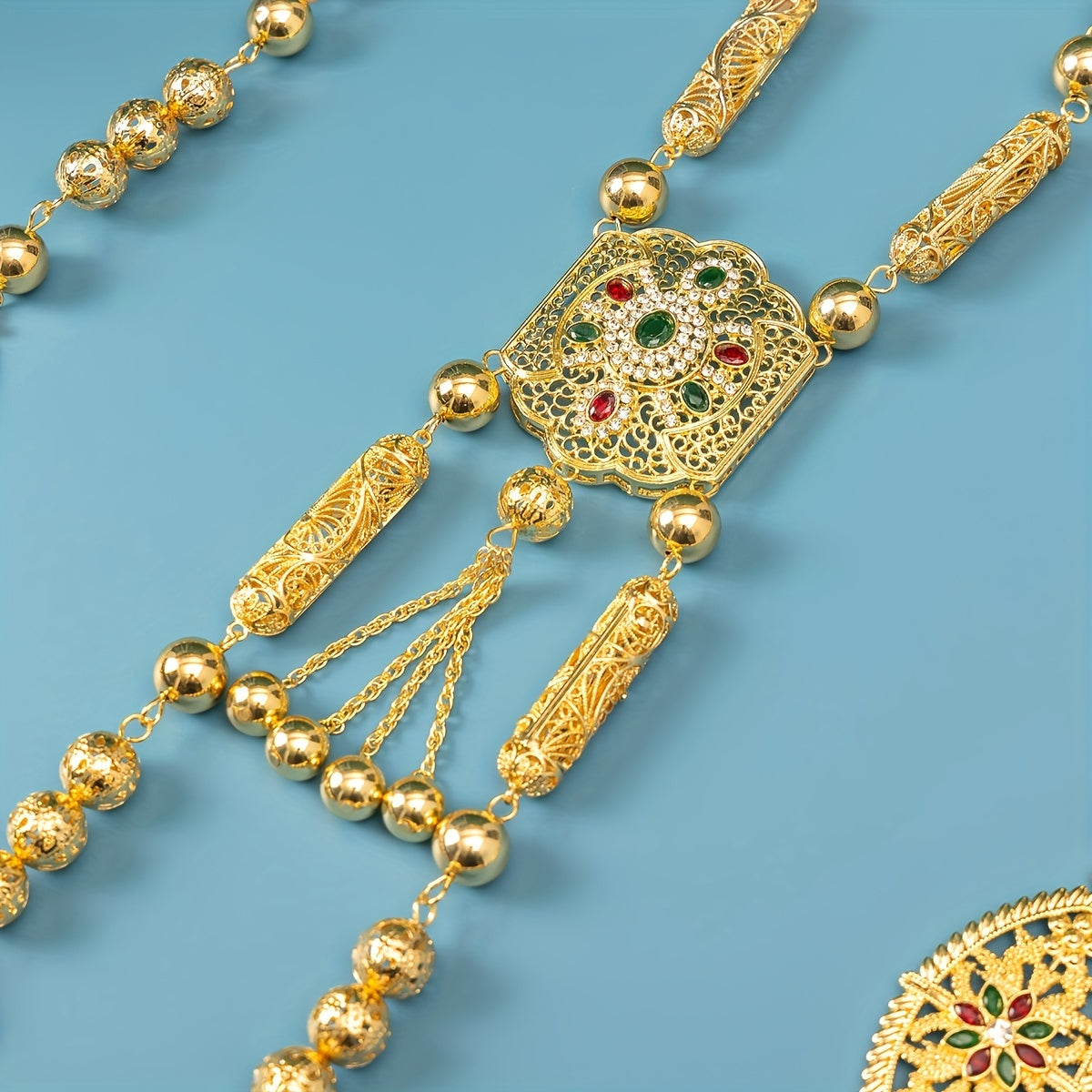Gold Plated Arabian Body Chain with Flower Design Synthetic Stones for Weddings