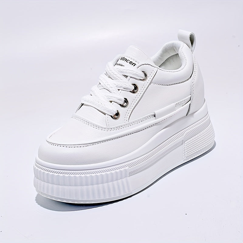 Women's White Platform Skate Shoes, Lace-Up Low Tops, Casual Sneakers