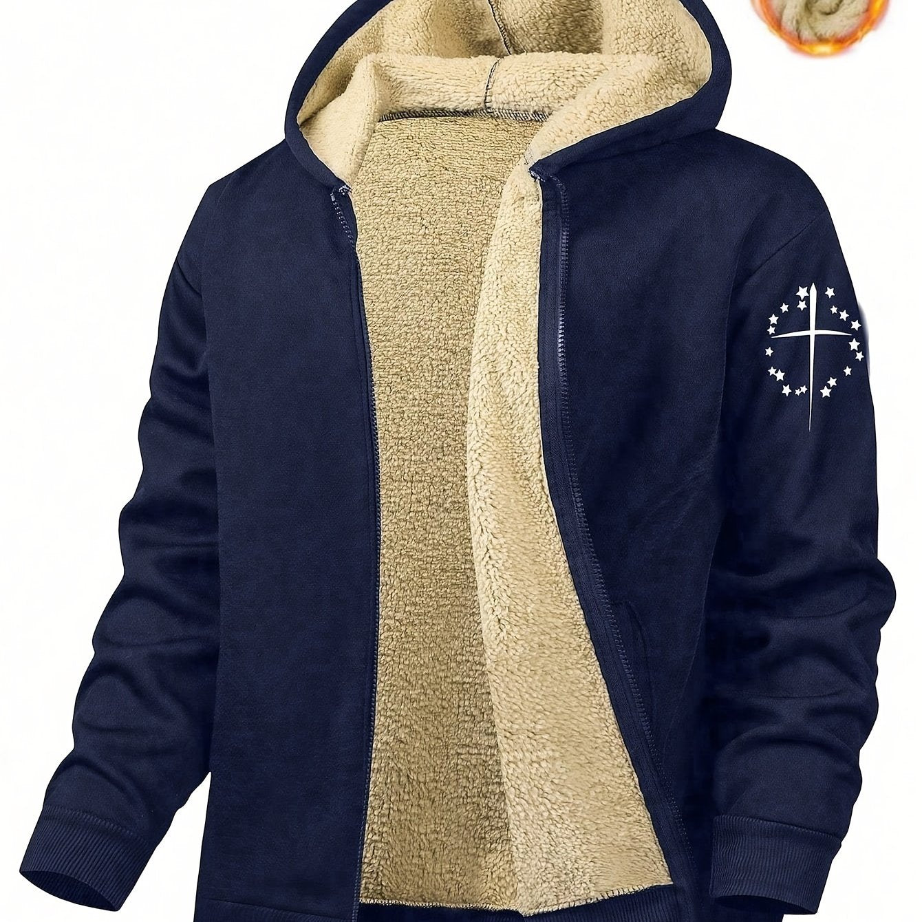 Men's Hooded Jacket with Print Pattern Polyester Knit Fabric Regular Fit Zipper Pockets for Fall Winter