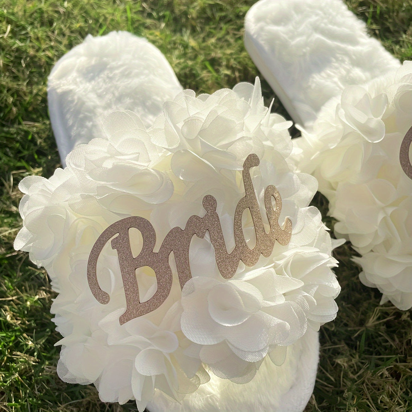 Women's Fuzzy Open Toe Bridal Slippers White Wedding Footwear