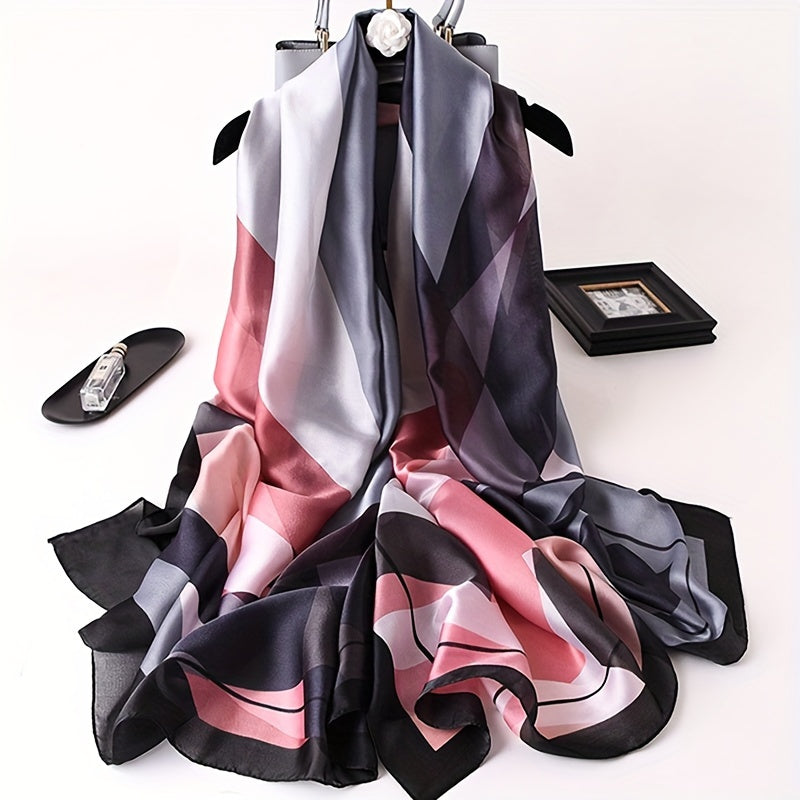 Imitation Silk Rhombus Print Scarf Large Geometric Shawl Breathable Head Wrap for Women
