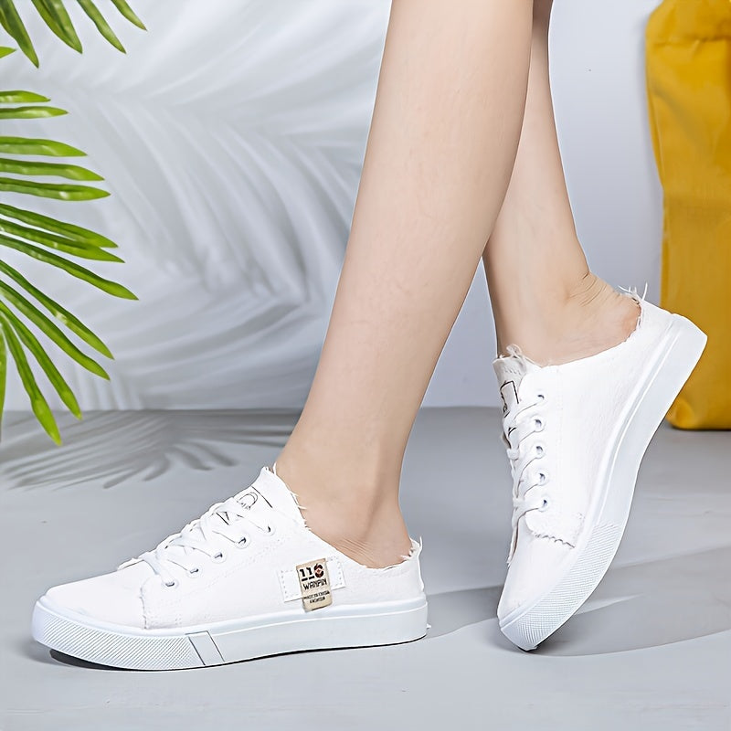 Women's White Fabric Low-Top Lace-Up Sneakers All-Season Round Toe