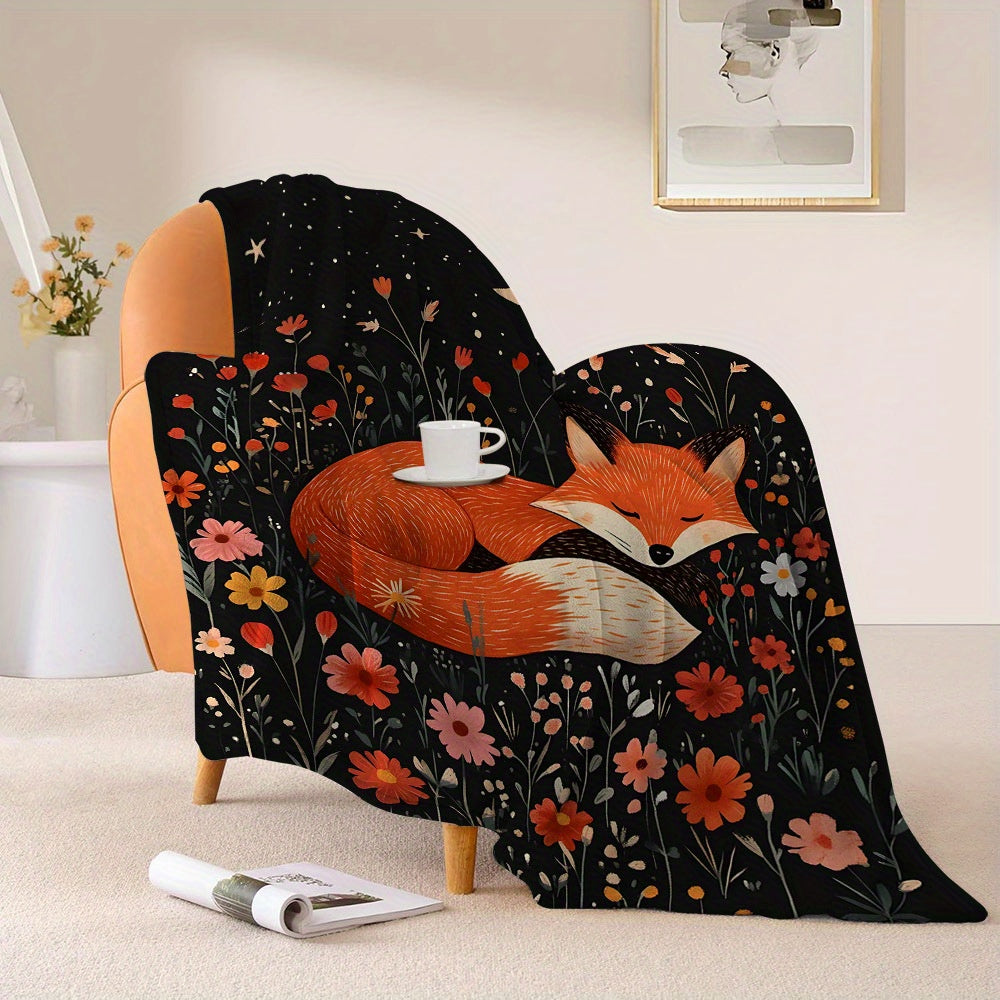Contemporary Flannel Fleece Throw Blanket with Fox and Floral Print All-Season Warmth