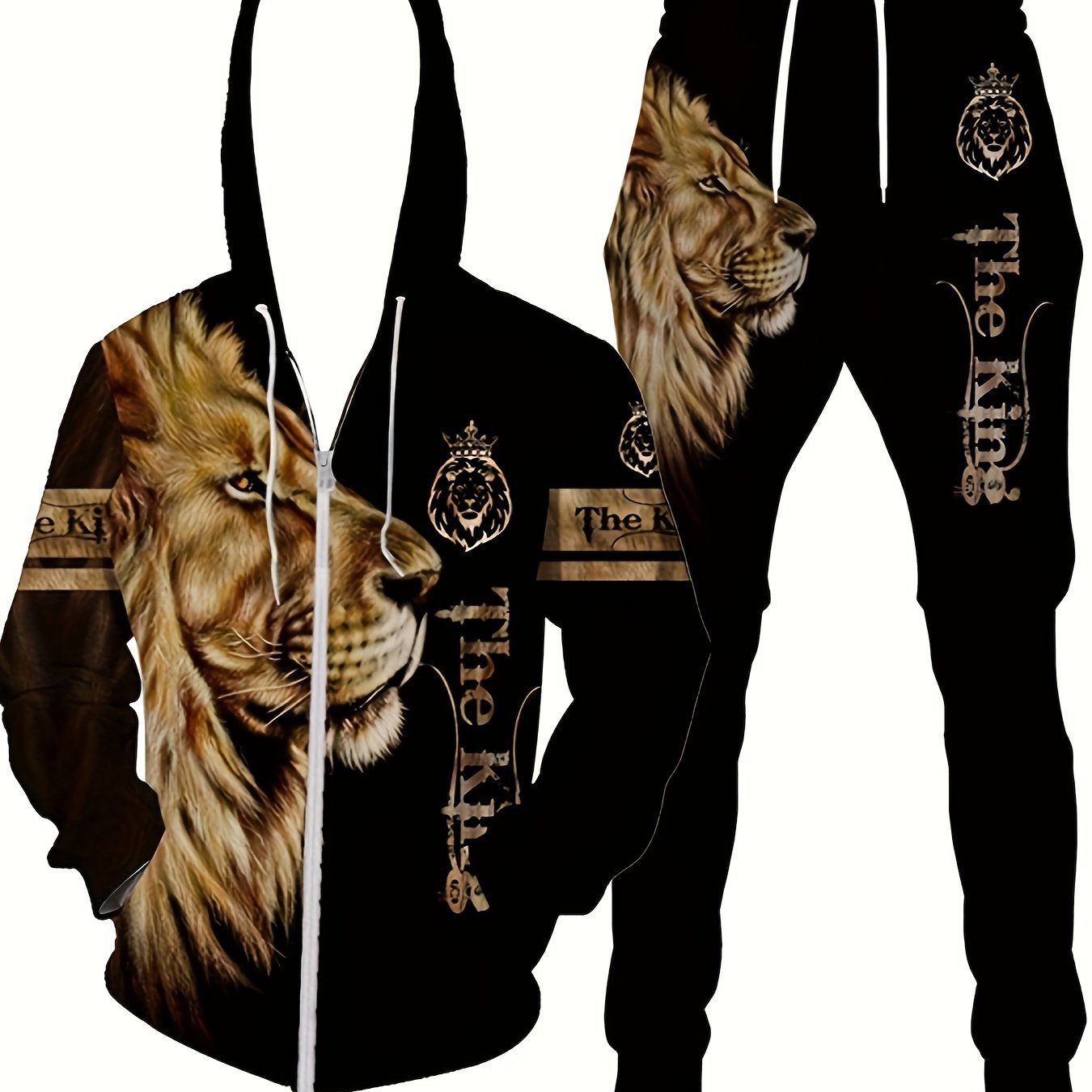Men's Lion King Hoodie and Jogger Set Casual Polyester Loungewear with Lion Design