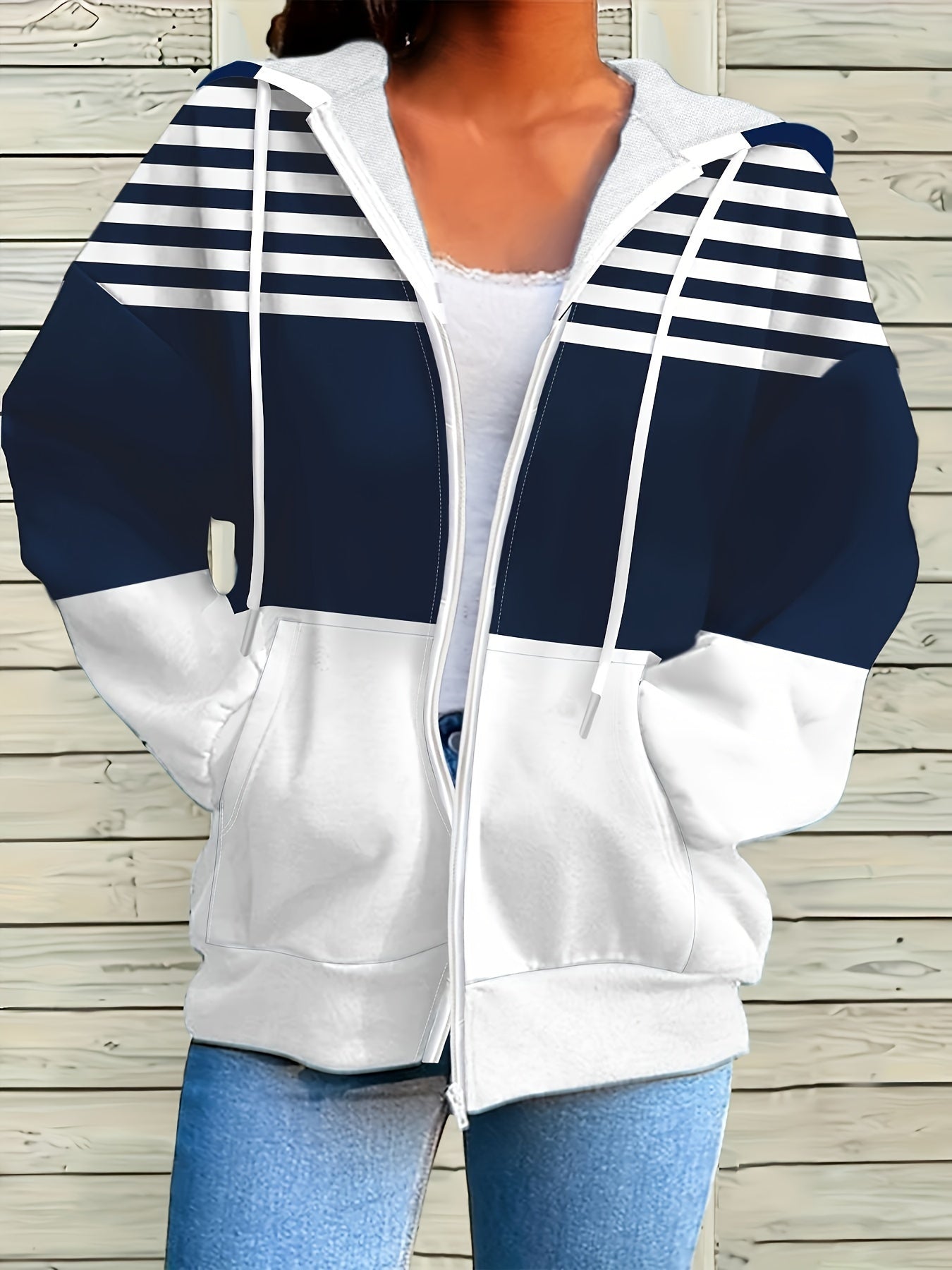 Women's Navy Blue and White Striped Hoodie with Front Pockets and Drawstring