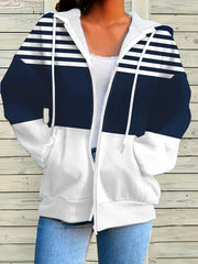 Sudadera con rayas en azul marino y blanco para mujer con bolsillos frontales y cordón