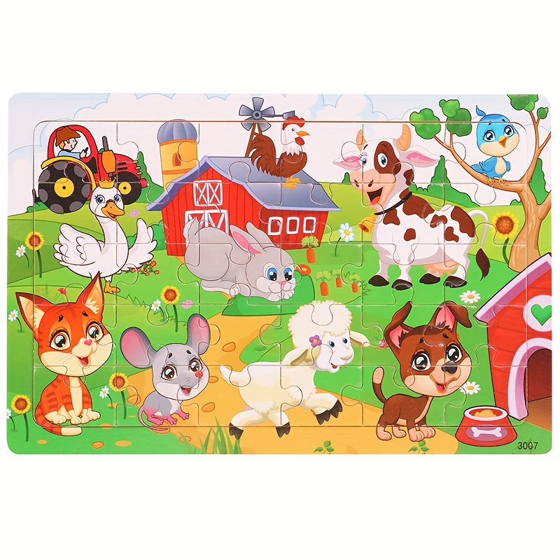 30-Piece Wooden Puzzle for Children Ages 3+ with Animal Dinosaur and Cartoon Designs