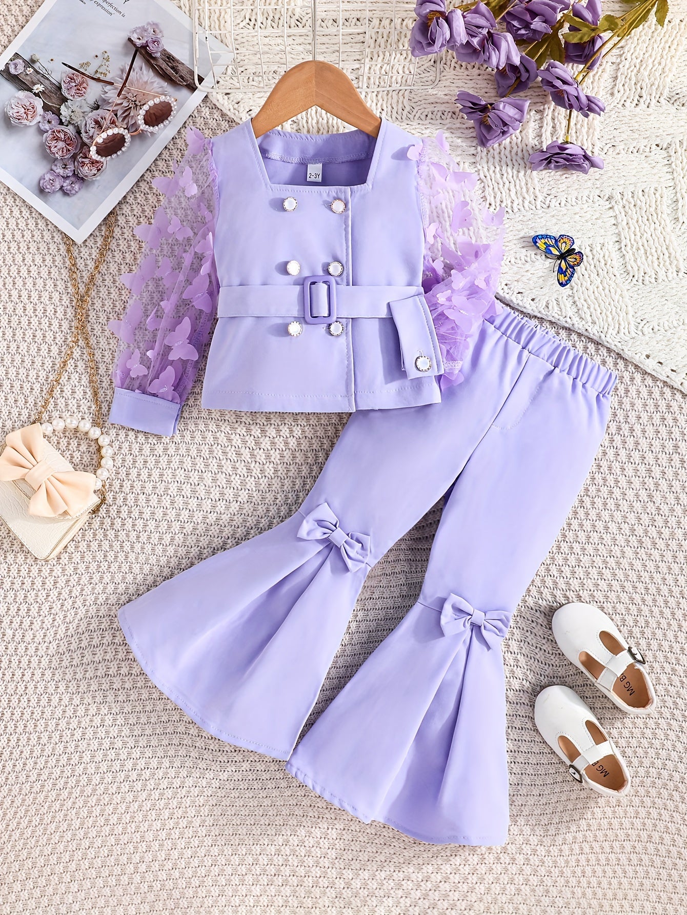 Girls' 2-Piece Casual Outfit Butterfly Sleeve Blouse and Long Pants Polyester Fall Winter