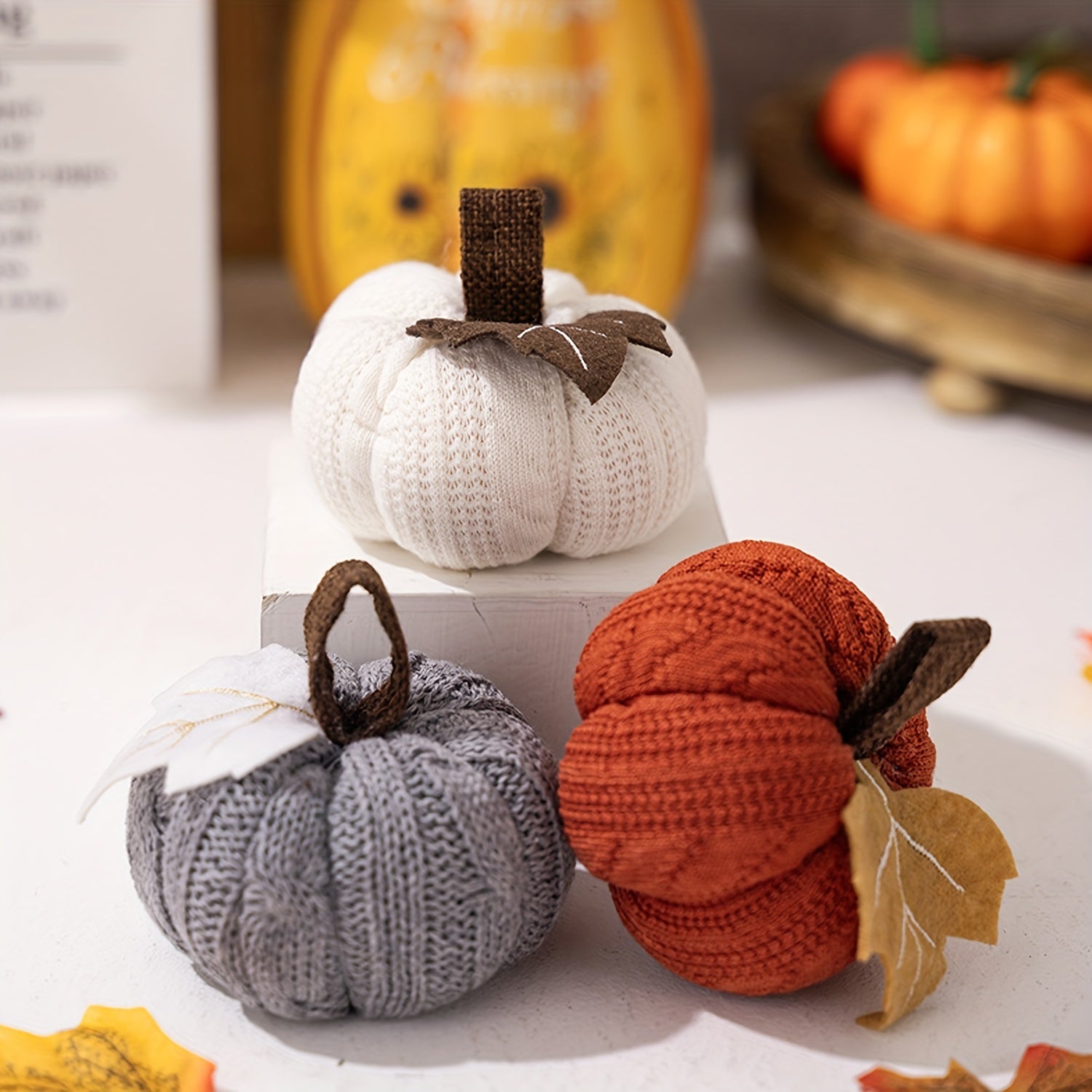 Juego de 3 decoraciones de mesa en tela de punto con calabaza para otoño y Acción de Gracias