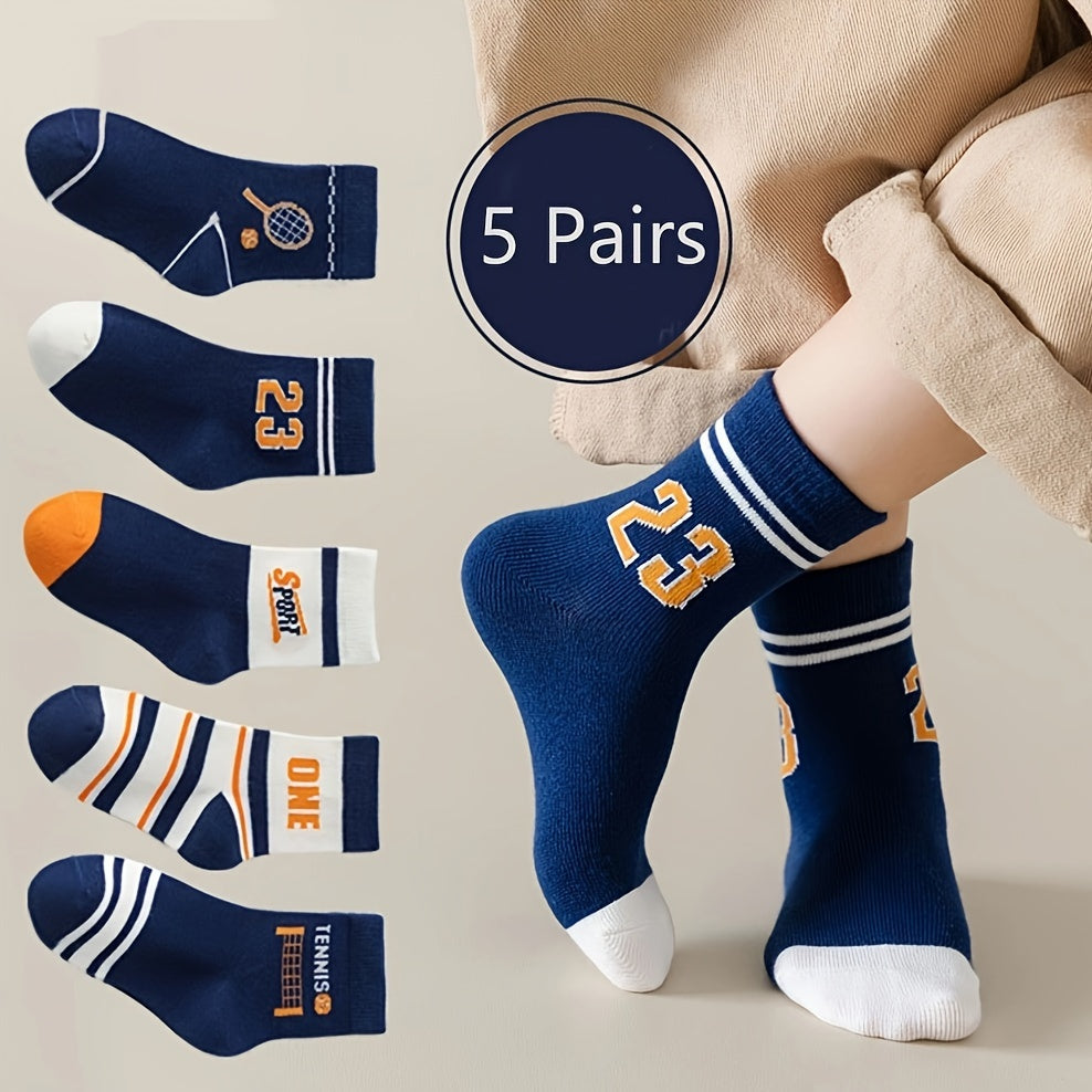 Conjunto de 5 calcetines deportivos gráficos de otoño e invierno para niños en poliéster y spandex