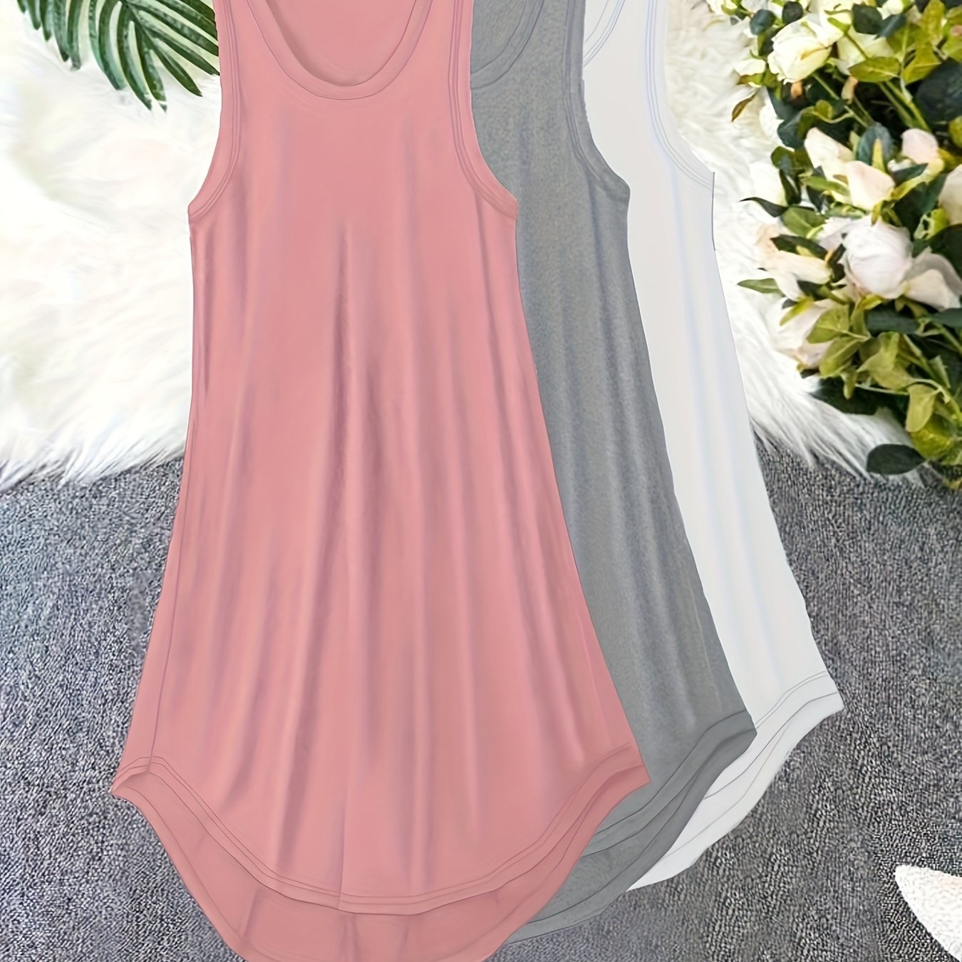 Women's Plus Size Lounge Dress Set Solid Tank Sleepwear 3 Piece