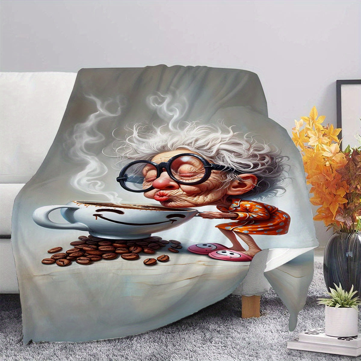 Cozy Flannel Blanket with Coffee Print Lightweight All-Season Knit Throw for Living Room Bed Decor