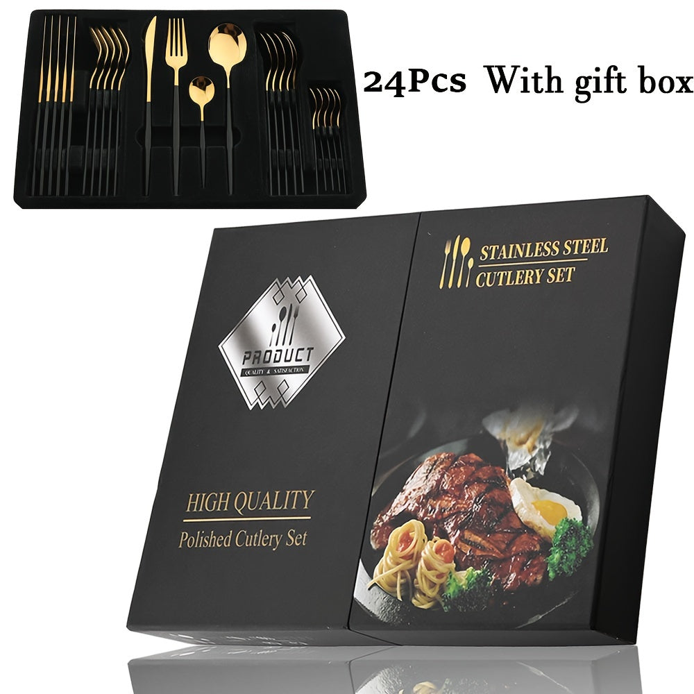 24-Piece Black Handle Gold Stainless Steel Cutlery Set for Kitchen Dining