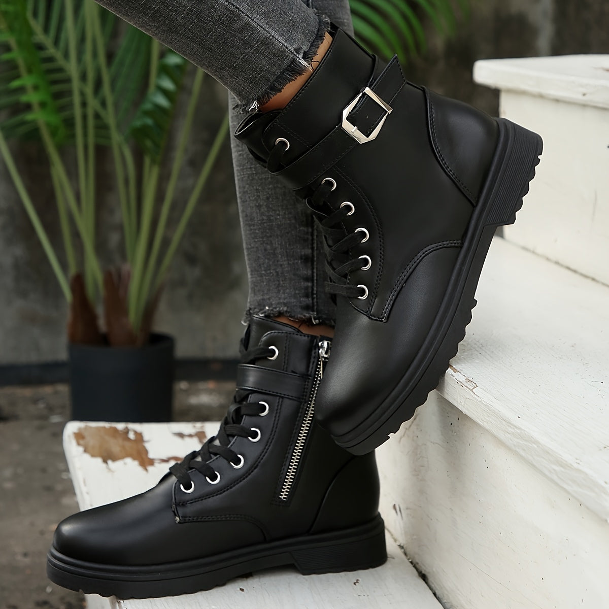 Women's Chunky Platform Ankle Boots PU Cover Side Zipper All-Season