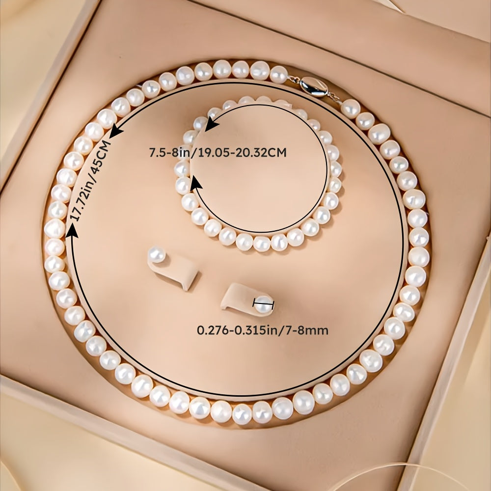 Zarif 3-qismli marvarid zargarlik to'plami - Haqiqiy chuqur dengiz qobig'i marvaridlari, zanjir, bilaguzuk va quloq uzuklarini o'z ichiga oladi - Maxsus tadbirlar va sovg'alar uchun ideal