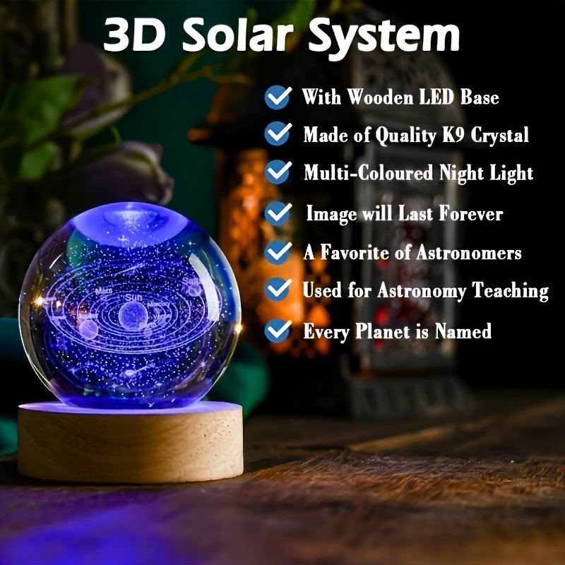 Wooden Base Crystal Ball Decorative Solar System Gift for Home Office