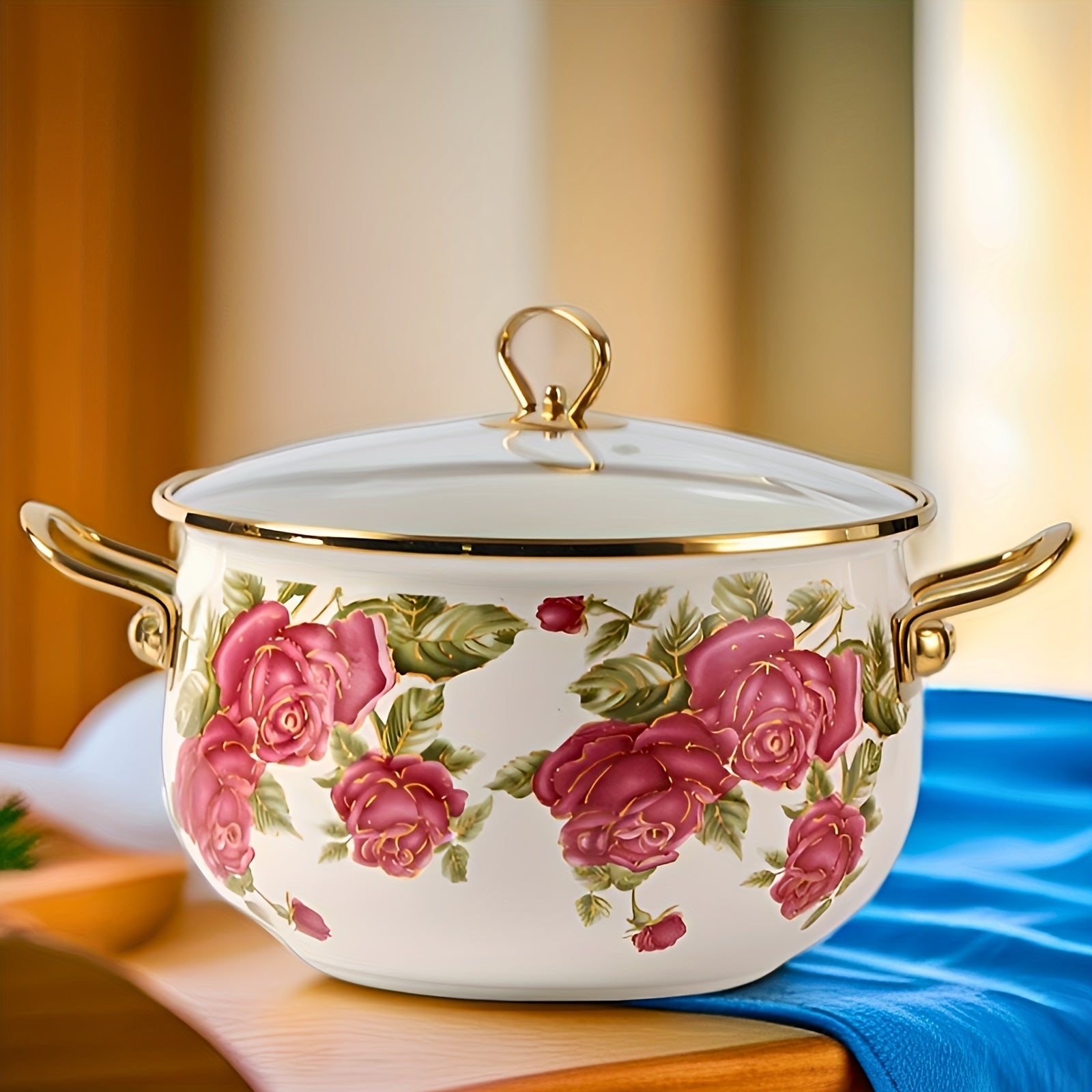 Stockpot with Gold Handle and Rose Flower Enamel Design, Includes Glass Lid, Multiple Sizes