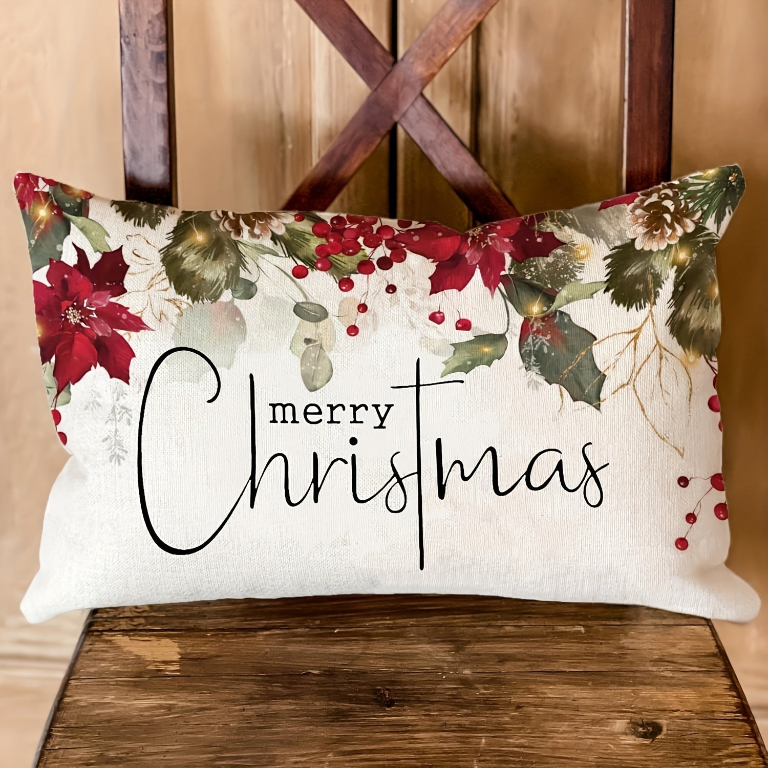 Merry Christmas Pillow Cover Farmhouse Decor Woven Polyester Festive Cushion