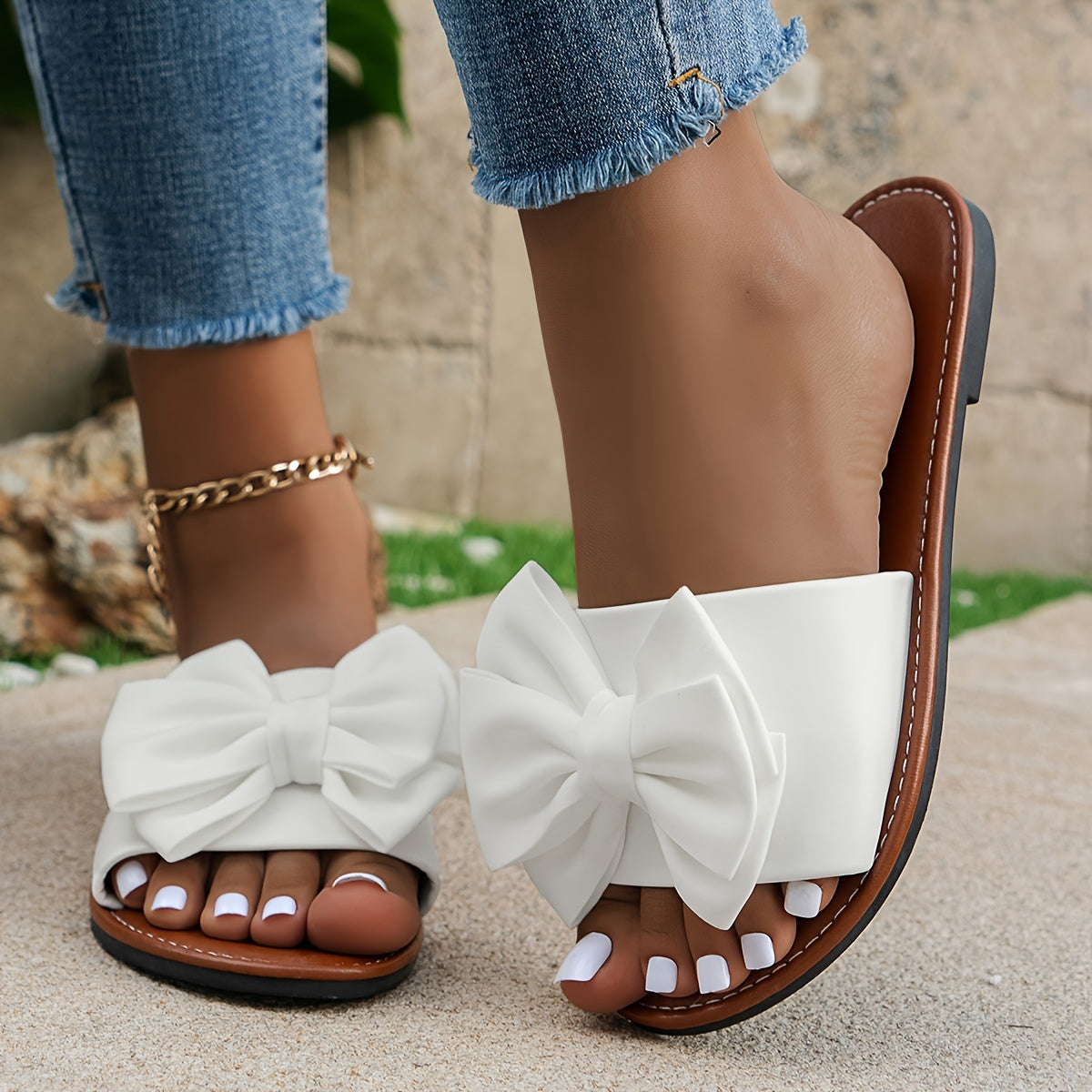 Women’s White Faux Cover Bowknot Slide Sandals Open Toe Flat Summer Shoes