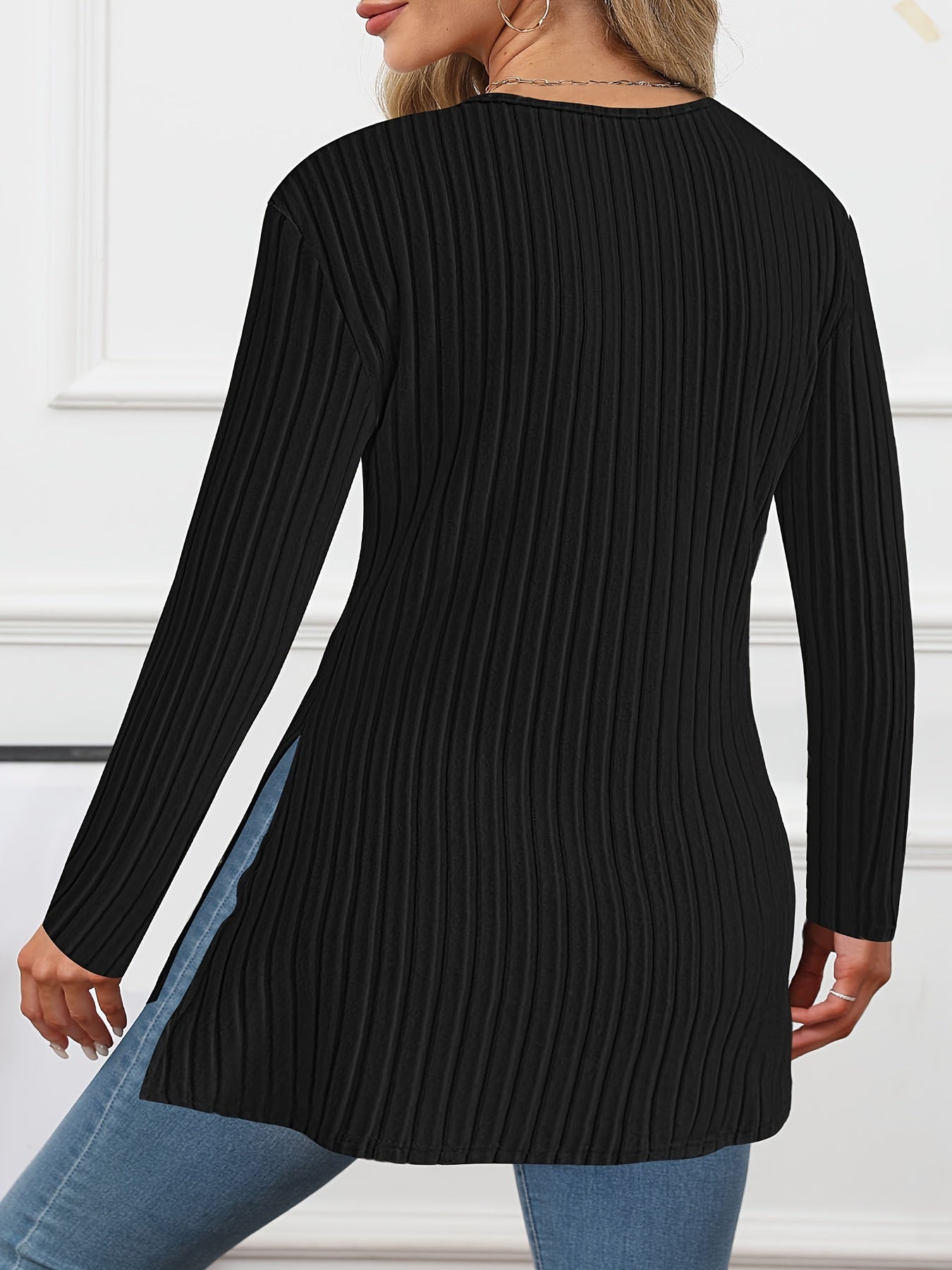 Plus Size Ribbed Knit V-Neck Sweater with Side Split Hem All-Season