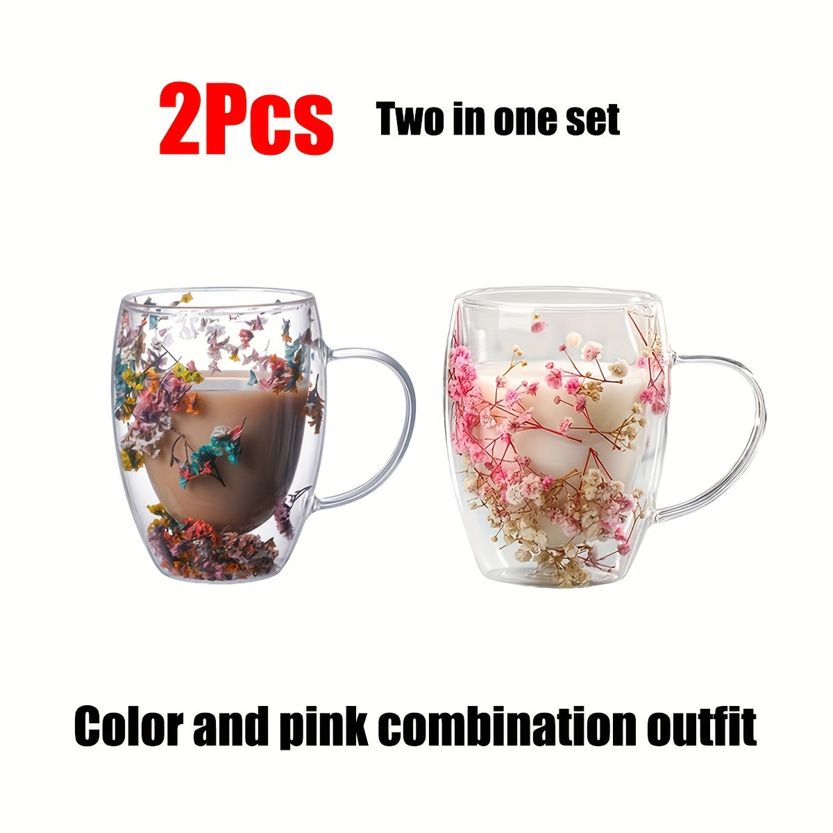 Glass Cups with Dried Flowers 11.83oz Vintage Gypsophila Pattern Reusable