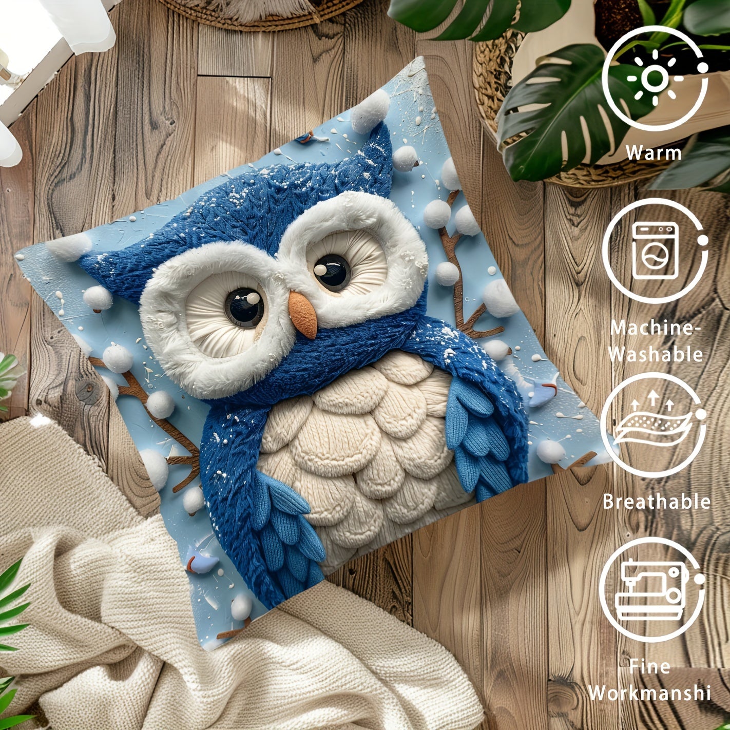 Christmas Owl Pillow Cover 44.96cm Square Digital Print Sofa Bedroom Decor