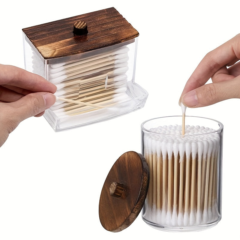 Juego de 3 recipientes de almacenamiento de plástico vintage para baño con tapas de madera, frascos de 10/7 oz tipo boticario y caja con ventana