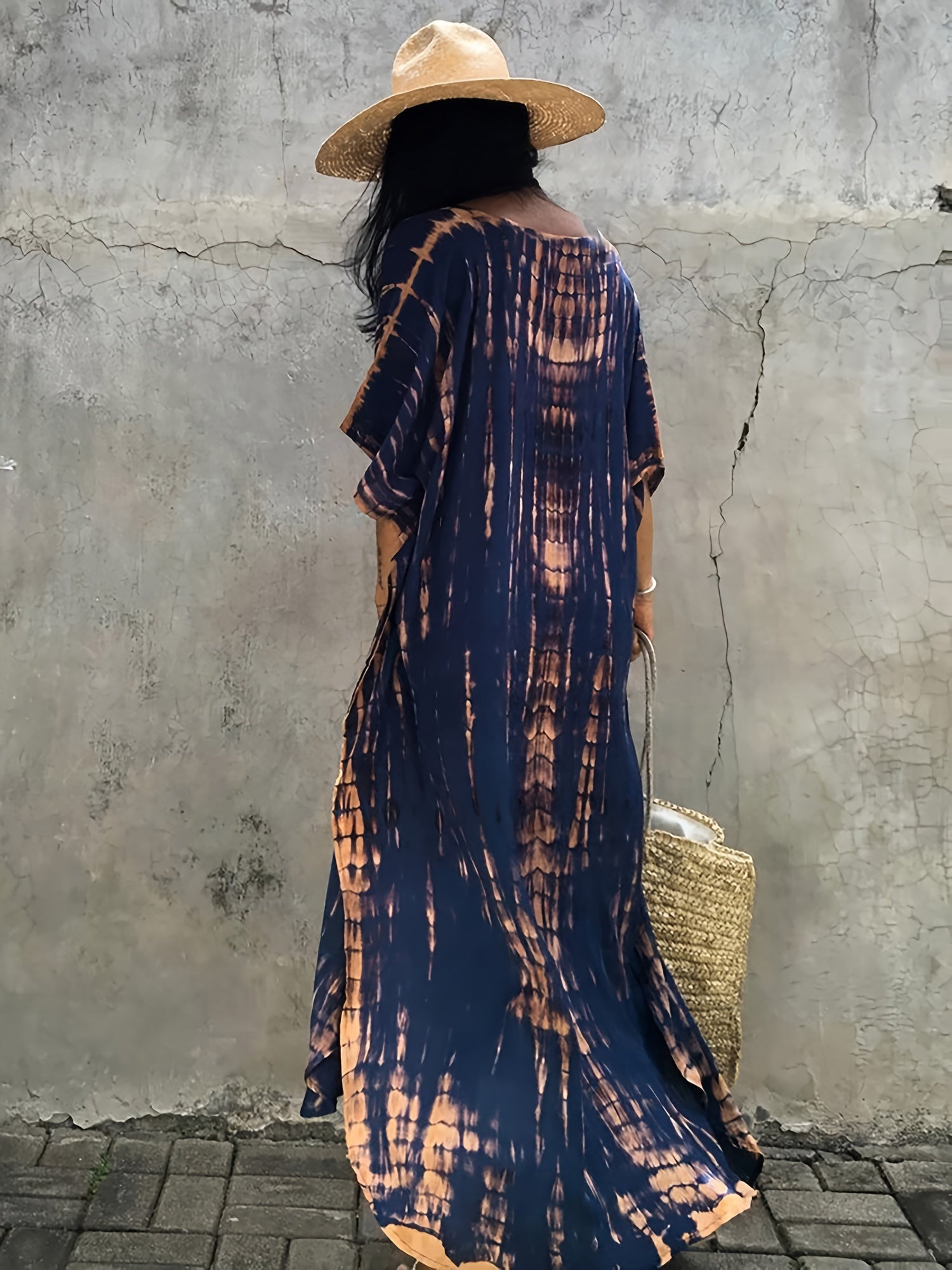 Плюс сайз туника-кафтан с эффектом тай-дай, V-образный вырез, рукава-крылья, женская одежда