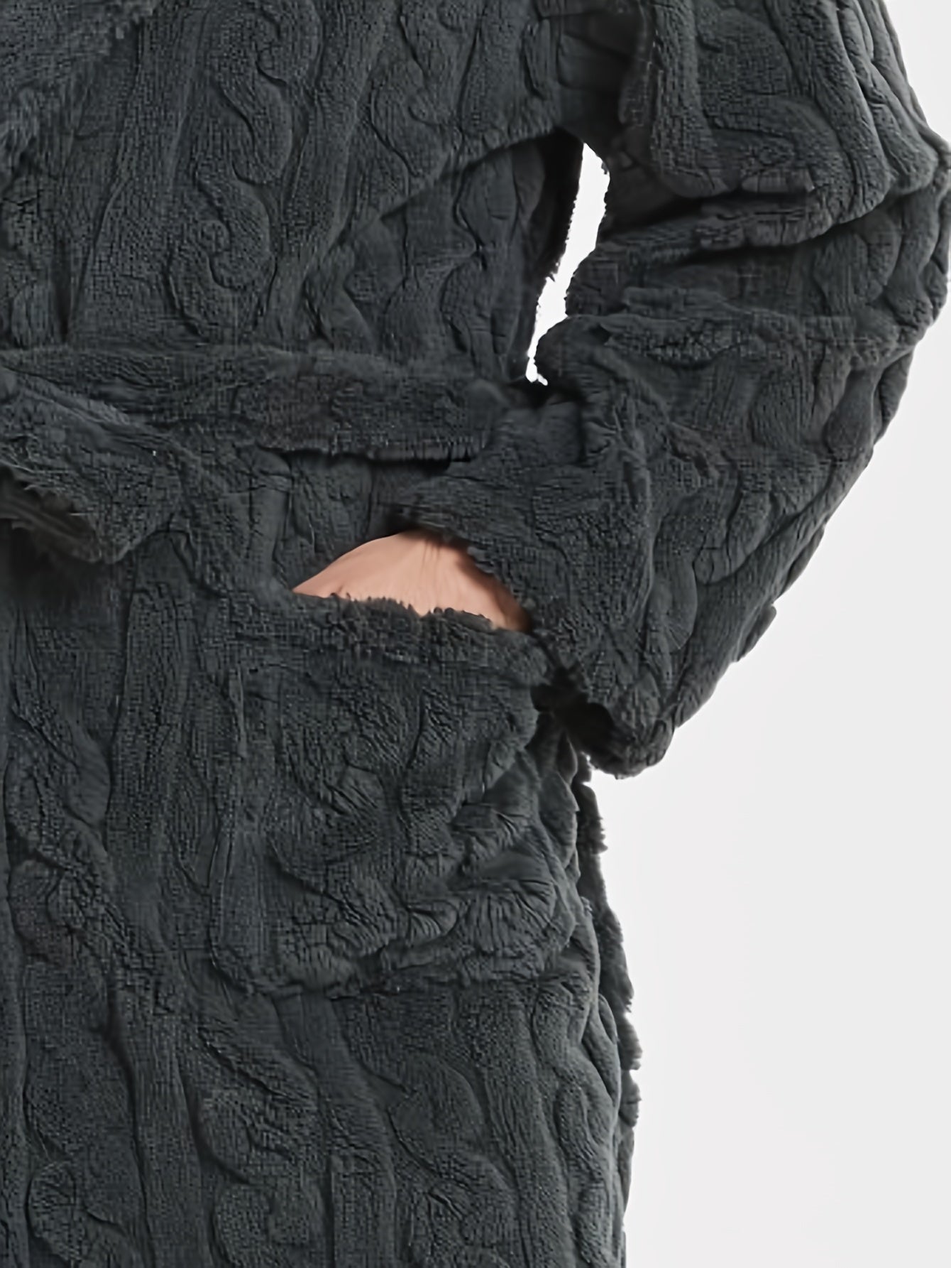 bata de felpa para mujer con capucha, manga larga, cinturón, bolsillos, otoño e invierno, punto, poliéster